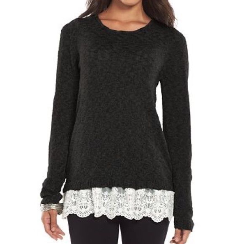 black sweater with white lace layered.